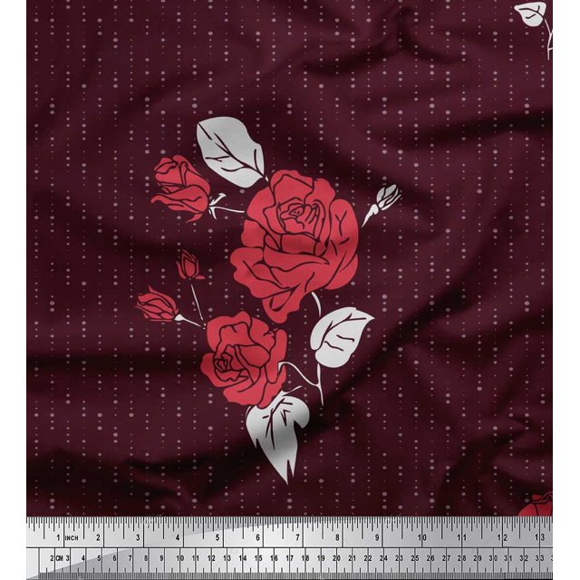Soimoi Poly Georgette Fabric Dot,Leaves & Rose Flower Print Fabric by the Yard 42 Inch Wide