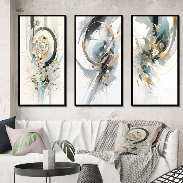 Designart "Mosaic Echoes in Turquoise and Gold III" Cubism Framed Wall Art Set Of 3 - Turquoise Cubism Frame Gallery Set For Office Decor