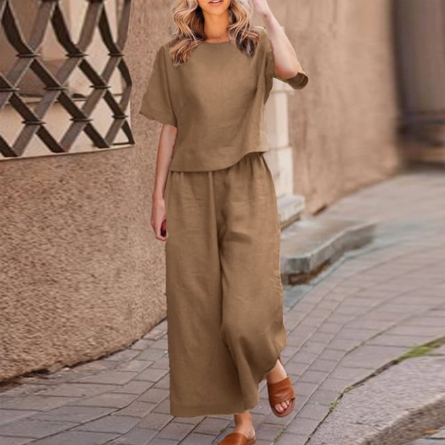 Tenues d'Été en Coton et Lin 2 Pcs pour Femmes, Ensembles 2 Pcs en Coton et Lin pour Femmes avec Hauts Courts à Bretelles et Pantalons à Jambes Larges, Tenues Décontractées Amples Unies à Col Rond et Manches Courtes