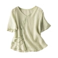 thumbnail image 2 of Meichang Hauts en Coton et Lin pour Femmes Décontractés d'Été à Manches Courtes à Col Rond T-Shirts Rétro Coupe Ample T-Shirts Unis Fluides Blouses Courtes de Vacances Vert TTG, 2 of 4