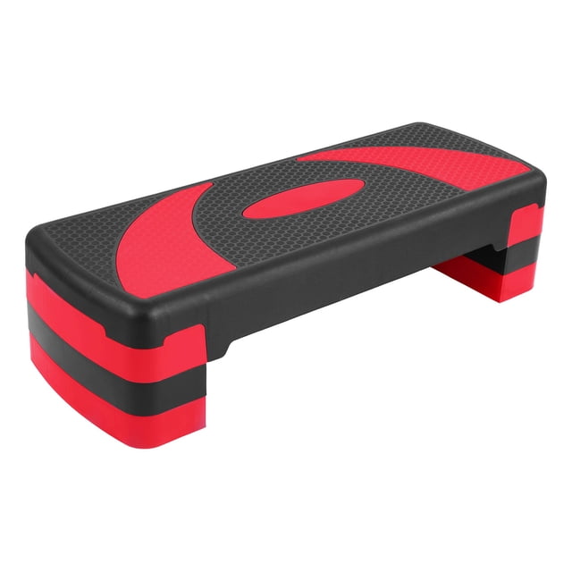 BalanceFrom Entraîneur à Plateforme Aérobique avec Rehausseurs Réglables à 3 Niveaux en Noir et Rouge. la Plateforme Présente une surface Texturée Antidérapante et des Coins Arrondis pour la Sécurité. Elle Comprend des Rehausseurs pour Ajuster la Hauteur à 4, 6 Ou 8 Pouces, Ce Qui la Rend Adaptée à Divers Niveaux de Mise en Forme. Fabriquée en Plastique ABS durable, Elle Supporte jusqu'à 400 Livres et Dispose de Pieds en Caoutchouc pour Empêcher le Déplacement et Protéger les Planchers. Format Compact de 31 x 11,5 x 8 Pouces, Idéal pour le Card