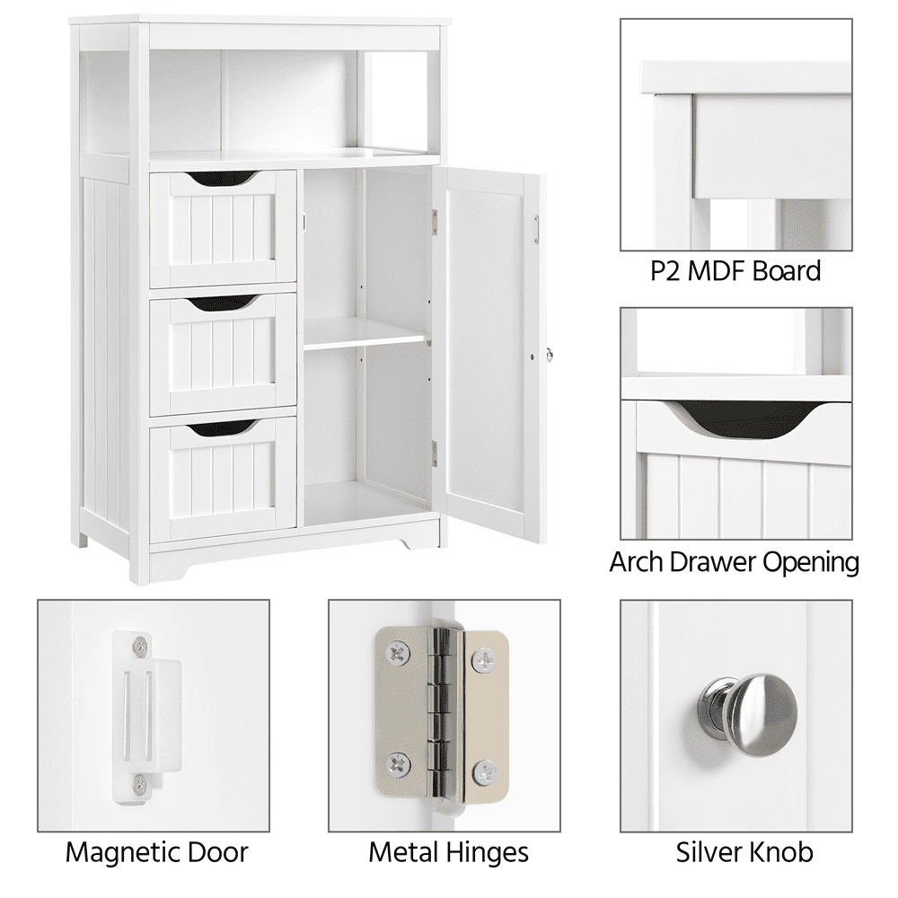 FullFurnique armoire plancher de salle de bain MDF organisateur de rangement en bois avec tiroirs, blanc