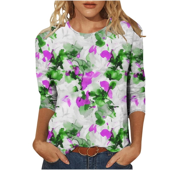 hopeusnice Spring Tops Crew Neck 3/4 Sleeve Floral Pattern Loose Fit Blouses for Women Dressy Casual Tunic Tops Fall Trendy Shirts Lightweight Basic Tees Green XXL