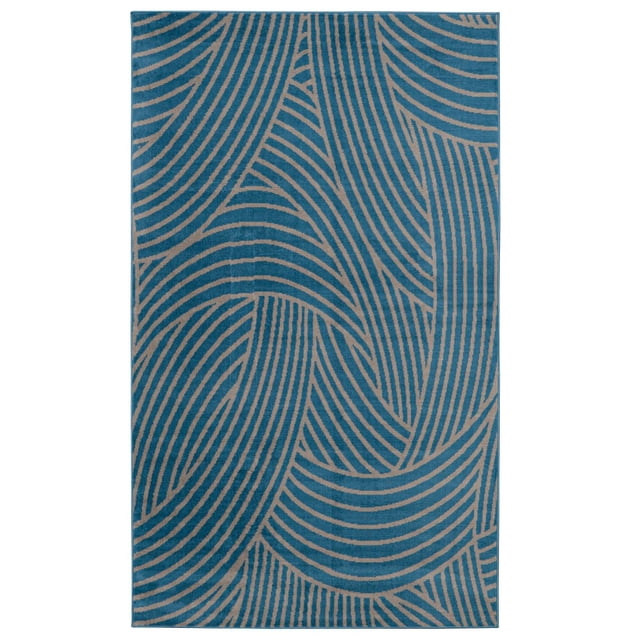 Capri Binya Blue & Light Grey 4' 3" x 7' 3" area rug with a flat cut pile featuring a modern abstract pattern of curved parallel lines in blue and light grey. Machine woven in Turkey from durable polypropylene, ideal for small rooms or defining spaces, and suitable for use with a rug pad to prevent slipping.