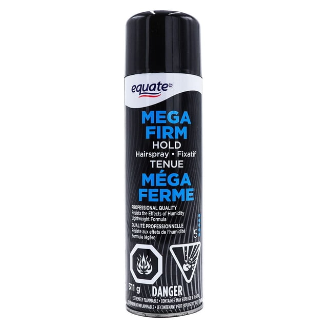 Equate Mega Firm Hold Hair Spray, 311g, black aerosol can with blue and white text, professional quality formula that resists humidity and frizz, providing lightweight, long-lasting firm hold for all hair types.