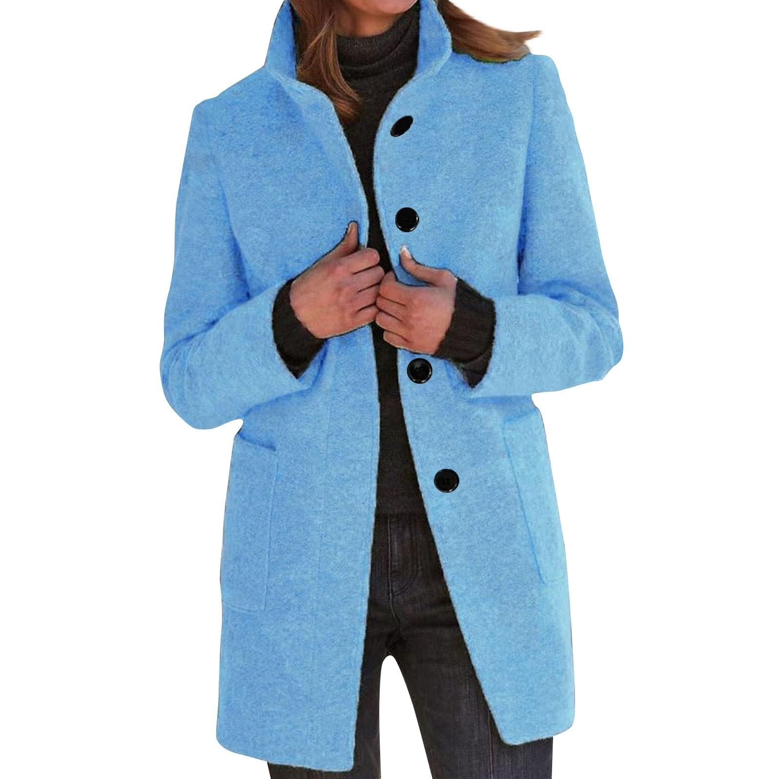 Long Coats For Women Winter Stand Collar Single Breasted Wool Coats Wool Blend Peacoat Thicken Jacket
