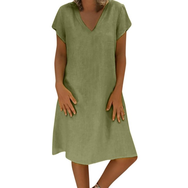 CHUANK Robes en Lin pour Femmes Été Grande Taille Manches Courtes Col en V Longueur Genou Robe Ample Décontractée Confortable Robe de Plage Soldes de Liquidation 2024