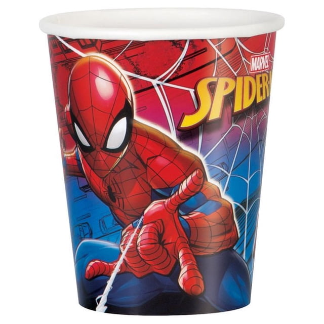 Spider-Man 9oz Paper Cups, 8ct featuring a disposable paper cup with a vibrant Spider-Man graphic in red and blue costume shooting a web, set against a red and blue background with white web patterns and the Marvel Spider-Man logo, suitable for parties and easy cleanup.