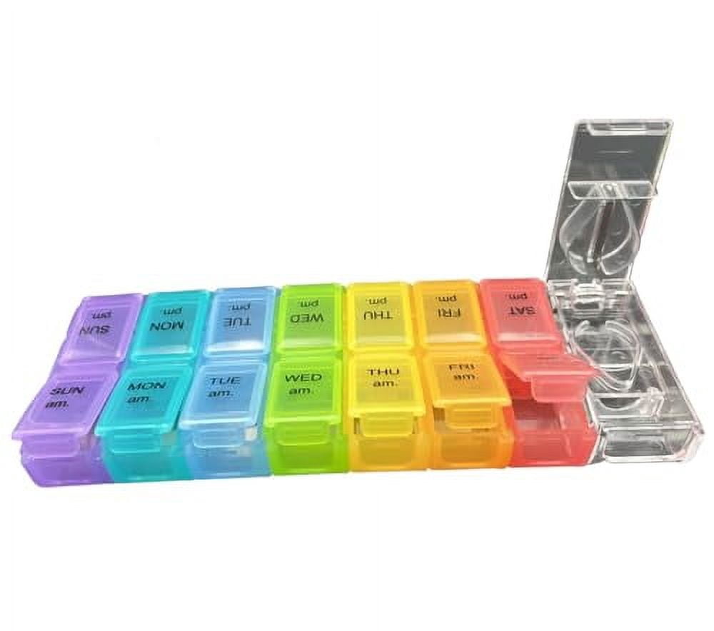 Pill Organizer 7 Day, Pill Box 2 Times a Day AM PM Pill Case, Detachable Weekly Travel Pill Container and Supplements with Pill Cutter (Rainbow)