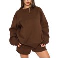 thumbnail image 1 of IROINNID Survêtement pour Femmes Ensemble 2 Pcs Col Rond Réduit Chandail à Enfiler Manches Longues Chandail Ample Décontracté Ensemble de Shorts Tenue de Sport, Café, 1 of 7