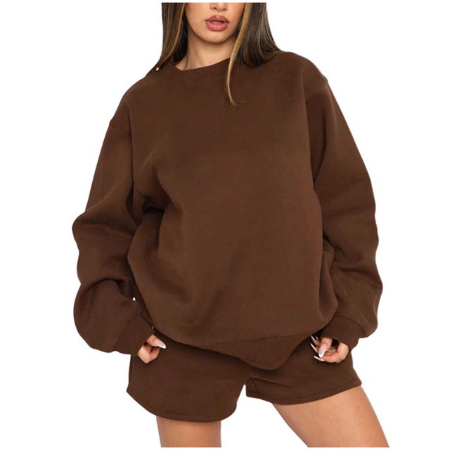 IROINNID Survêtement pour Femmes Ensemble 2 Pcs Col Rond Réduit Chandail à Enfiler Manches Longues Chandail Ample Décontracté Ensemble de Shorts Tenue de Sport, Café