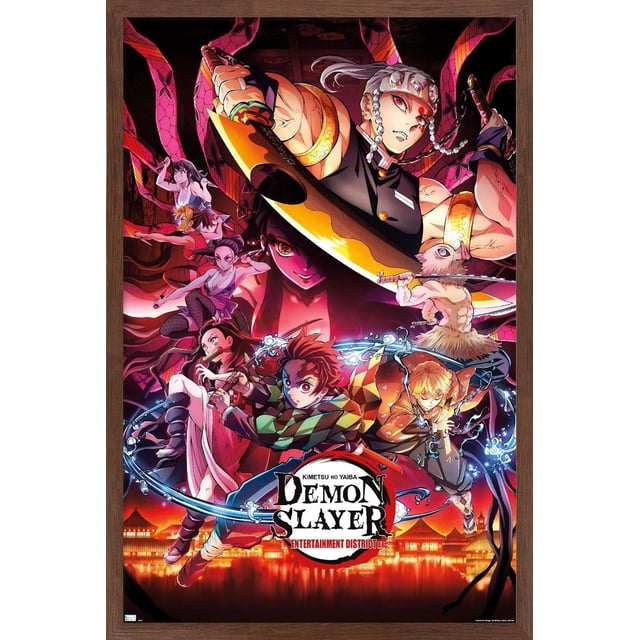 Demon Slayer - Key Visual 1 Wall Poster, 22.375" x 34" depicting anime characters from the Entertainment District Arc in dynamic poses. The central figure wears a green and black checkered haori wielding a sword with water effects, alongside a yellow-haired character with lightning effects and others armed with various weapons. The background shows illuminated traditional Japanese buildings reflecting on water, framed in dark wood.