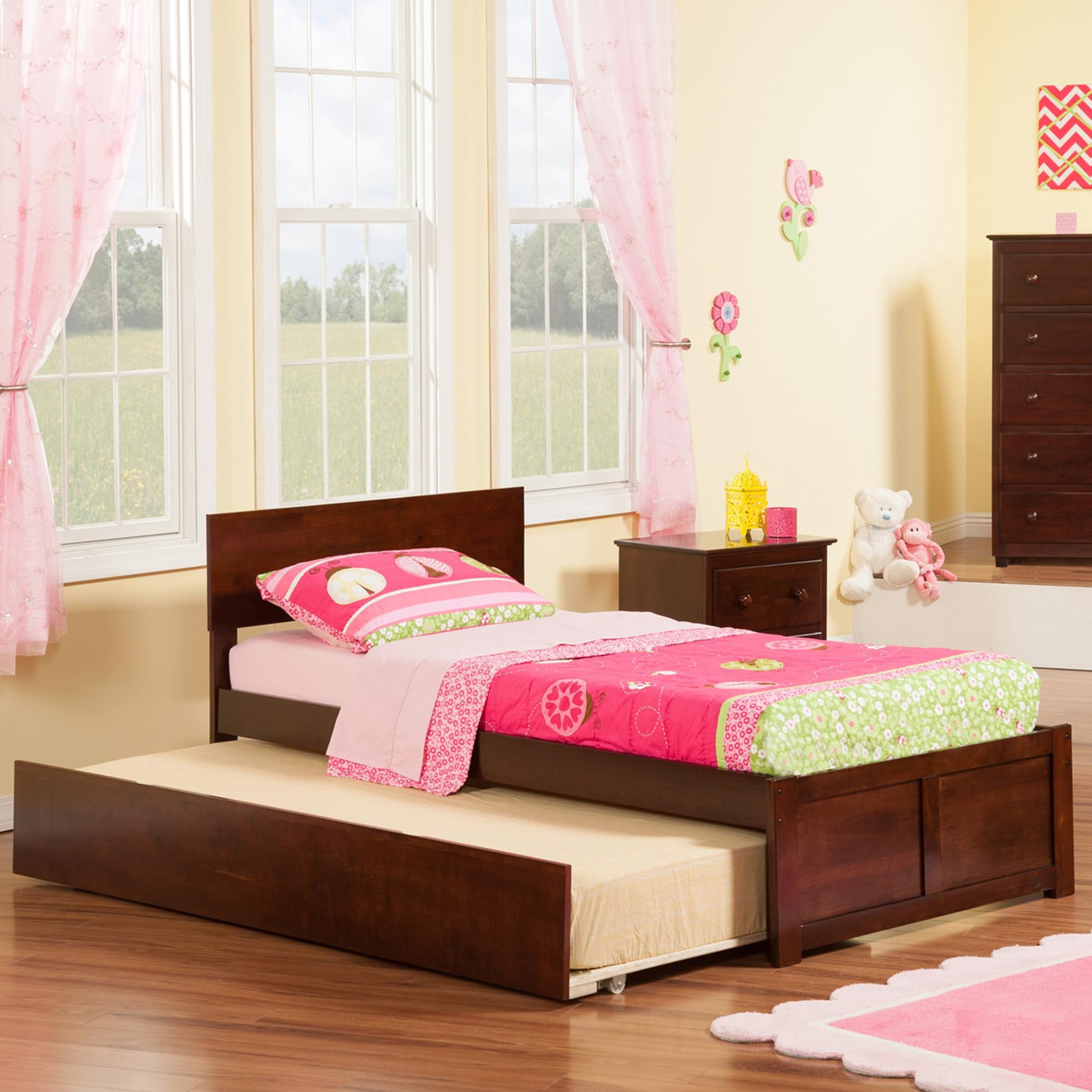 Orlando Lit Plateforme Simple en Bois avec Pied de Lit et Tiroir-Lit Simple, Noyer