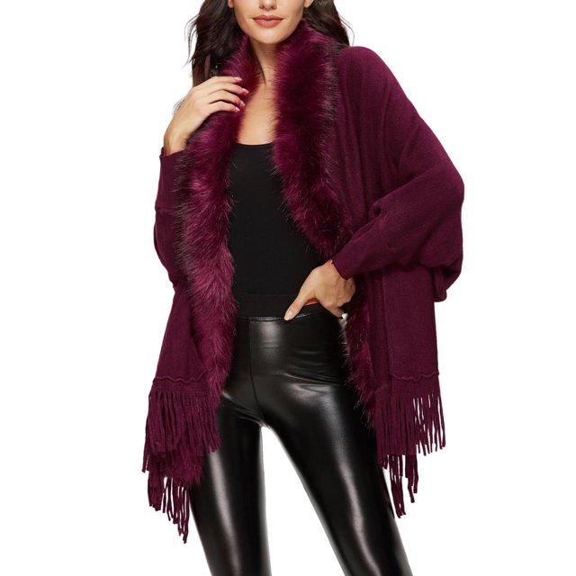 GDREDA Womens Solid Color Collar Cloak Knitted Capes Shawl Tassel Open Front Cardigans Sweater Coat Workout Clothes