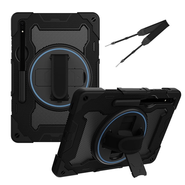 XYX 3in1 Rotating Stand Case for Samsung Galaxy Tab S7+/Tab S8+ 12.4 inch with Hand/Shoulder Strap, Shockproof Rugged, Black