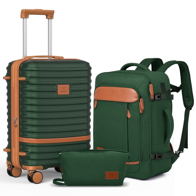 Joyway 3-Piece Carry-On Luggage Set with Spinner Wheels TSA Lock, featuring a green hardshell suitcase, a matching green backpack with tan accents, and a green toiletry bag. The suitcase includes 360° spinner wheels, an aluminum telescopic handle, and expandable capacity. The backpack has a computer compartment and can be attached to the suitcase handle for convenience. All pieces are lightweight and durable, made of high-quality ABS material with TSA-approved locks for security.