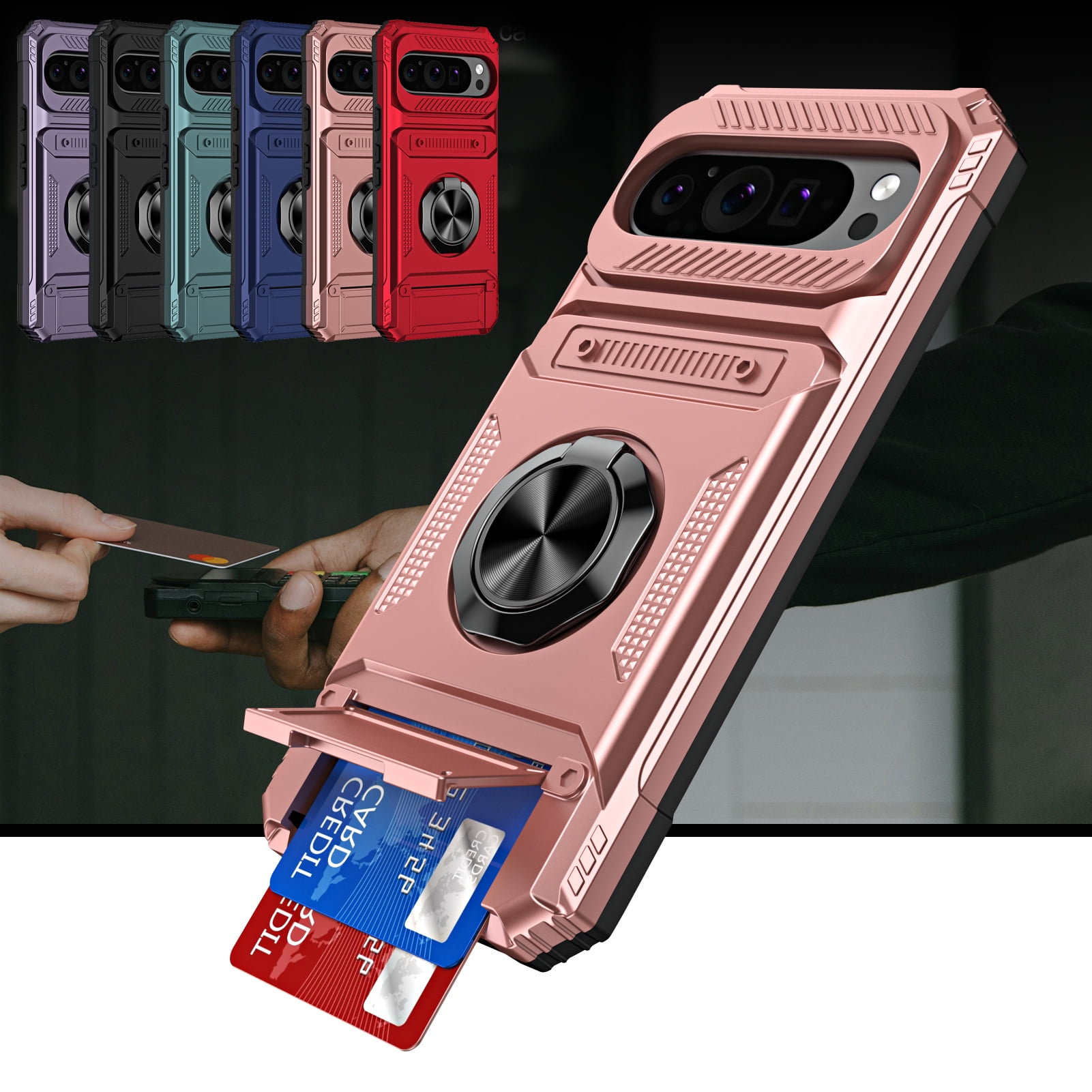 ShieldPlus for Google Pixel 9 Phone Case with Finger Ring Holder Kickstand, Heavy Duty Shockproof Rugged Protective Case for Pixel 9 Pro 6.3 Inch, Working with Magnetic Car Phone Mount,Rosegold