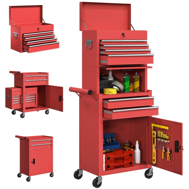 HOMCOM Tool Cabinet with 6 Drawers, 3-in-1 Rolling Tool Chest with Wheels in red steel. Designed for tool organization, it features six ball-bearing drawers with EVA liners, two cabinets, and a side pegboard for secure tool storage. Includes a detachable design for portability, integrated locks for security, and four caster wheels with a handle for mobility. Ideal for garages, workshops, and auto repair shops.