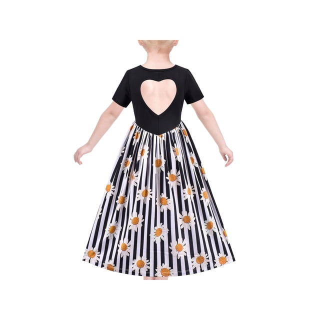 Robe Fille T-Shirt Noir Tournesol Robe d'Été Cœur Décontractée Princesse Vacances 5 Ans