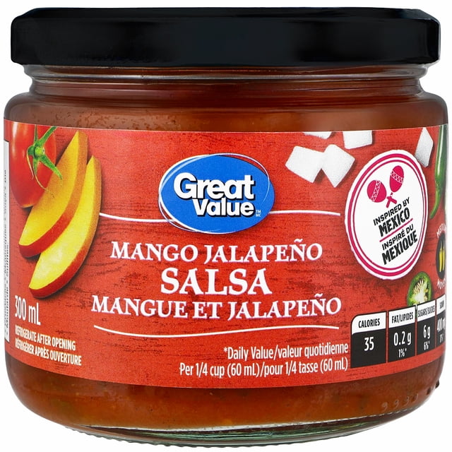 Great Value Mango Jalapeno Salsa in a 300 ml clear glass jar with black lid, featuring a red label with mango and tomato images, medium spice Mexican-inspired salsa suitable for tacos, rice, and grilled dishes, refrigerate after opening.