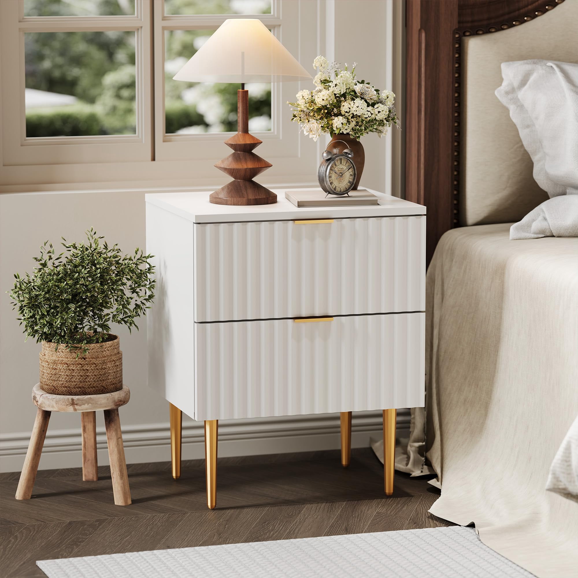 2 Pack Modern Nightstand with USB Charging Station, Gold & Wood Fluted Bedside Night Stand with 2 Drawers, USB Ports & Outlets, Bedside End Tables for Living Room Bedroom