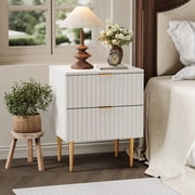 PIONEERWORKS White Night Stand Set 2, Fluted Glossy Nightstand with 2 Drawers, Wide Modern Storage Bedside Table for Bedroom, End Side Table with Golden Metal Legs and Handles (White, 2 Pieces)