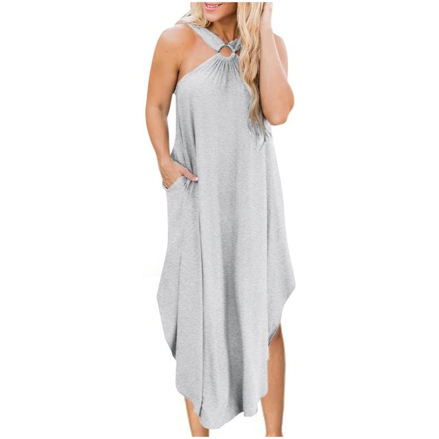 AherBiu Robe d'Été pour Femmes Sans Manches à Bretelles Longue Robe Irrégulière Robes Confortables avec Poche