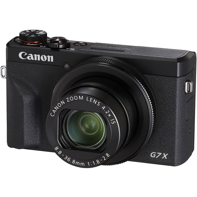 Canon PowerShot G7 X Mark III digital camera in black, a compact point-and-shoot model with a 20.1MP 1-inch stacked CMOS sensor and DIGIC 8 processor for fast focusing and UHD 4K30p video recording. The camera features a 4.2x optical zoom lens with a 24-100mm equivalent focal length range and f/1.8-2.8 aperture, suitable for wide-angle and short-telephoto shots. It includes a 3.0-inch tilting touchscreen LCD for vlogging and selfies, Bluetooth and Wi-Fi connectivity, and in-camera USB charging.