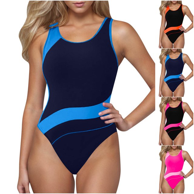 VBTAPA Womens One Piece Swimsuit Tummy Control Sporty Slimming Bathing Suit Color Block Full Coverage Swimwear Limited Time Sales Pink S