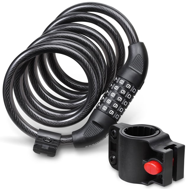 Fosmon Bike Lock Cable, a 6-foot heavy-duty coiled steel cable with a 5-digit resettable combination lock and included mount holder. Designed for anti-theft security with durable PVC and ABS coating, ideal for bikes and securing other equipment.
