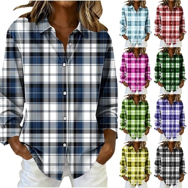 JDQJBZ Summer Womens Tops,Womens Long Sleeve Tops Shirts For Women Casual Tops For Women Plaid Print Button Front Spring Summer Ladies Shirt Daily Wear