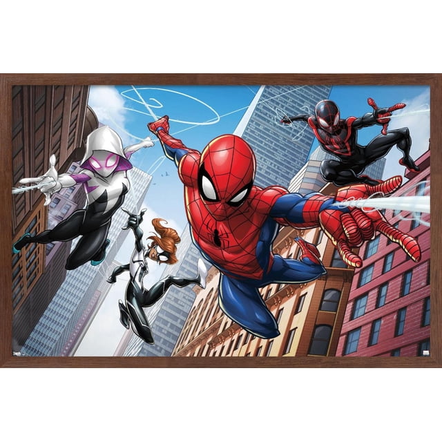 Marvel Comics - Spider-Man - Web Heroes Affiche Murale, 22,375 Pouces x 34 Pouces art Mural Encadré Représentant Quatre Personnages de Spider-Man Se Balançant à Travers un Paysage Urbain avec de Hauts Bâtiments sous un Ciel Bleu. Comprend Spider-Man Classique en Rouge et Bleu, Spider-Gwen en Blanc et Noir, Spider-Woman en Noir et Blanc, et Miles Morales en Complets Noir et Rouge, Toutes Toiles Tournantes. l'Affiche Présente une Finition Satinée de Qualité Supérieure et Est Légère avec un Cintre