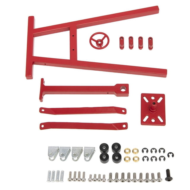 Rotatable Stainless Steel Motor Engine Maintenance Repair Bracket Stands in red, shown disassembled with precision-welded metal components. Includes a red frame, rotating metal wheel, and various screws, bolts, and connectors. Designed for 1/10 scale simulation model cars, not real vehicles. Dimensions after assembly are 150×90×120mm (5.91×3.54×4.72 inches).