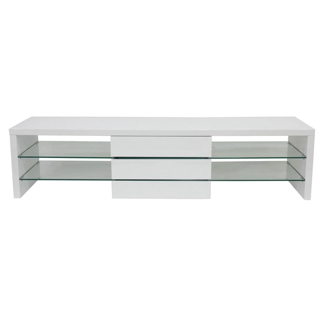 Canadian Marco TV Stand with high gloss white lacquer finish and two clear tempered glass shelves, designed for modern home or office entertainment setups and suitable for displaying media devices or decorative pieces.