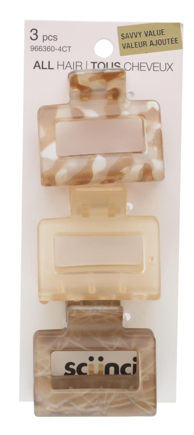 Scunci 3pk Resin Square Claw Clips, Neutral Prints & Translucent, Short to Medium Hair