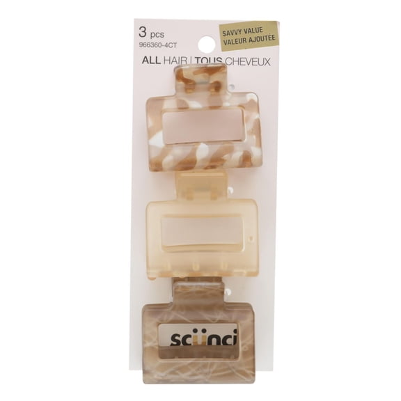 Scunci 3pk Resin Square Claw Clips, Neutral Prints & Translucent, Short to Medium Hair
