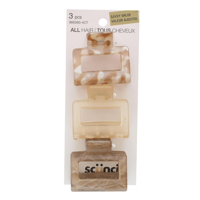 Scunci 3pk Resin Square Claw Clips including three neutral-tone square resin claw clips: beige and white marbled, translucent cream, and light brown marbled, designed for all hair types and shown on white packaging with bilingual English and French text.