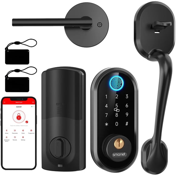 SMONET Keyless Entry Door Lock Handle Smart Front Door Lock Set, Alexa Deadbolt Locks Front Door Handle, Bluetooth Digital Keypad Lock Black