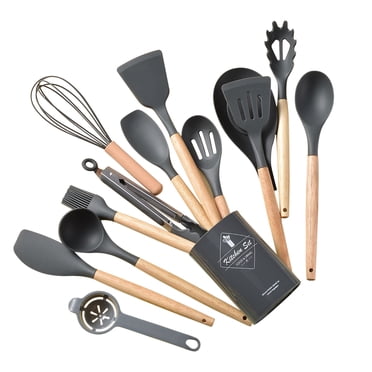 Birdeem Wooden Handle Silicone Kitchenware Set 14 Piece Round Barrel Set Non Stick Pot Cooking Spoon Kitchen Tools