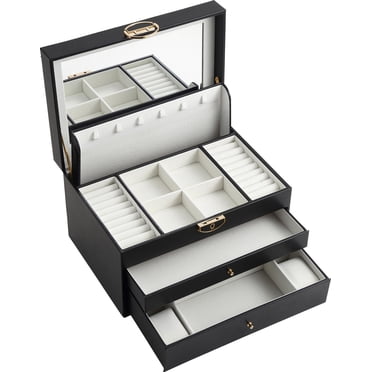 Grande boîte à bijoux avec serrure à charnière et clé avec accents en métal et tiroirs