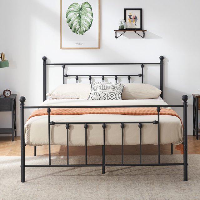VECELO Queen Size Metal Platform Bed Frame with Headboard and Footboard, Heavy Duty Bed Frame, No Box Spring Required, Black