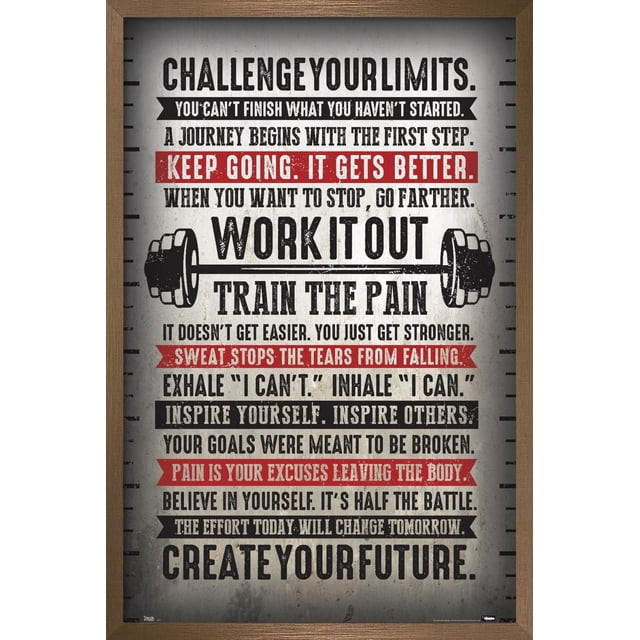 Challenge Your Limits Wall Poster, 14.725" x 22.375", framed motivational wall art with bold black and red text on a textured white background and wooden frame. Includes fitness quotes like 'Work it out, train the pain' with a barbell graphic, and phrases such as 'Keep going. It gets better.' Suitable for home, office, or gym wall decor to inspire perseverance.