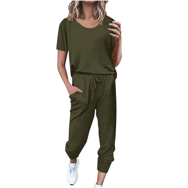 Timegard Ensembles 2 Pcs pour Femmes Été T-Shirts à Manches Courtes et Pantalons à Cordon avec Poches Ensembles Décontractés Confortables