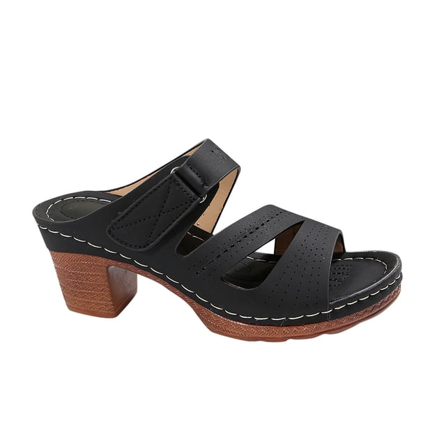 WRKEKC Sandals for Women One Piece Style Elevated Wedge Slides Cut Out Design Hook and Loop Strap Beach Summer Sandals