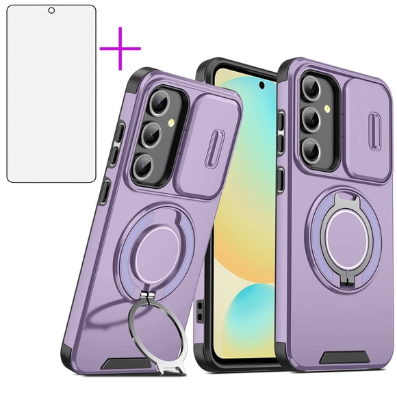 Asuwish Compatible with Samsung Galaxy S24 Plus/S25 Plus S24+ S25+ 5G Phone Case Slide Camera Cover Tempered Glass Screen Protector Stand Ring Holder Rugged Slim Cell for S24Plus 25P Women Men Purple