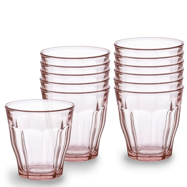 Duralex Picardie Gobelet en Verre Rose 250 ml Ensemble de 12, Montrant Deux Piles de six Gobelets en Verre Trempé Rose Translucide avec Côtés Cannelés et design Empilable, Va au Lave-Vaisselle, au Congélateur et au Micro-Ondes, Fabriqué en France, Convient aux Boissons Chaudes et Froides et Souvent Utilisé pour les Repas Décontractés.