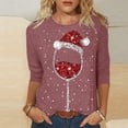 thumbnail image 2 of Hauts pour Femmes Noël Verre de Vin Rouge Imprimé Col Rond Manches Trois-Quarts Chemises pour Femmes Vin m, 2 of 4