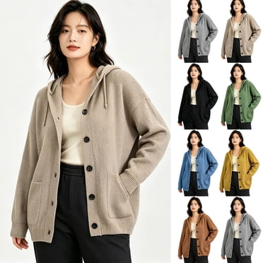 Frostluinai Womens Hooded Cardigans Oversized Chunky Knit Sweaters Long Sleeve Button Down Shirt Outerwear Loose Sweater Coats with Pockets