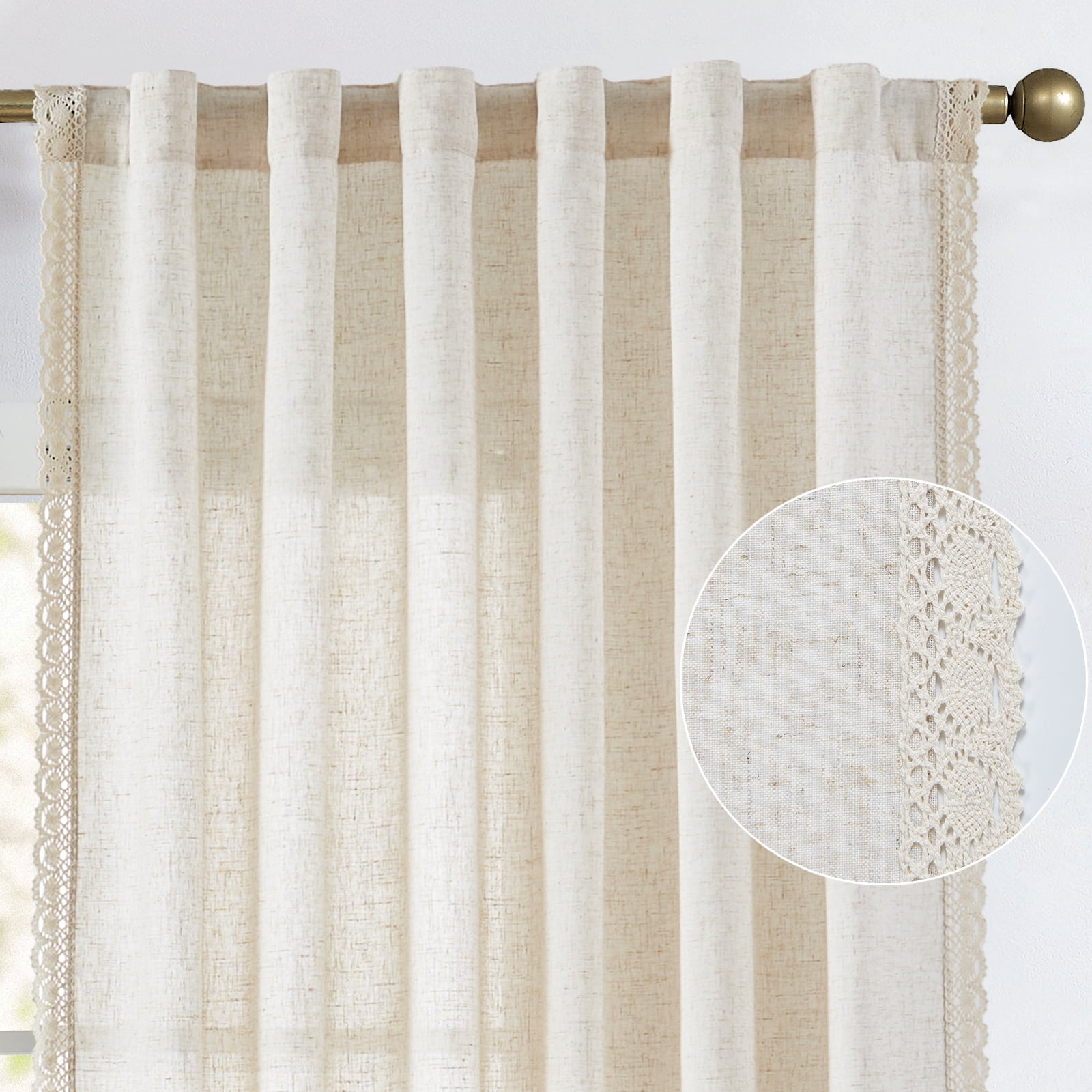 Curtainking Linen Curtains Beige Curtains with Lace Trim for Living Room 90 Inch Long Rustic Farmhouse Curtains Rod Pocket Light Filtering Drapes Bedroom Window Curtain 2 Panels