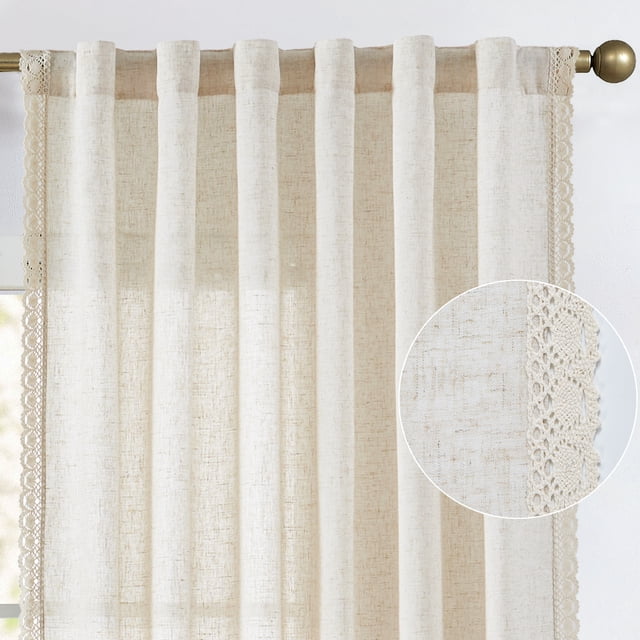Curtainking Linen Curtains Beige Curtains with Lace Trim for Living Room 90 Inch Long Rustic Farmhouse Curtains Rod Pocket Light Filtering Drapes Bedroom Window Curtain 2 Panels
